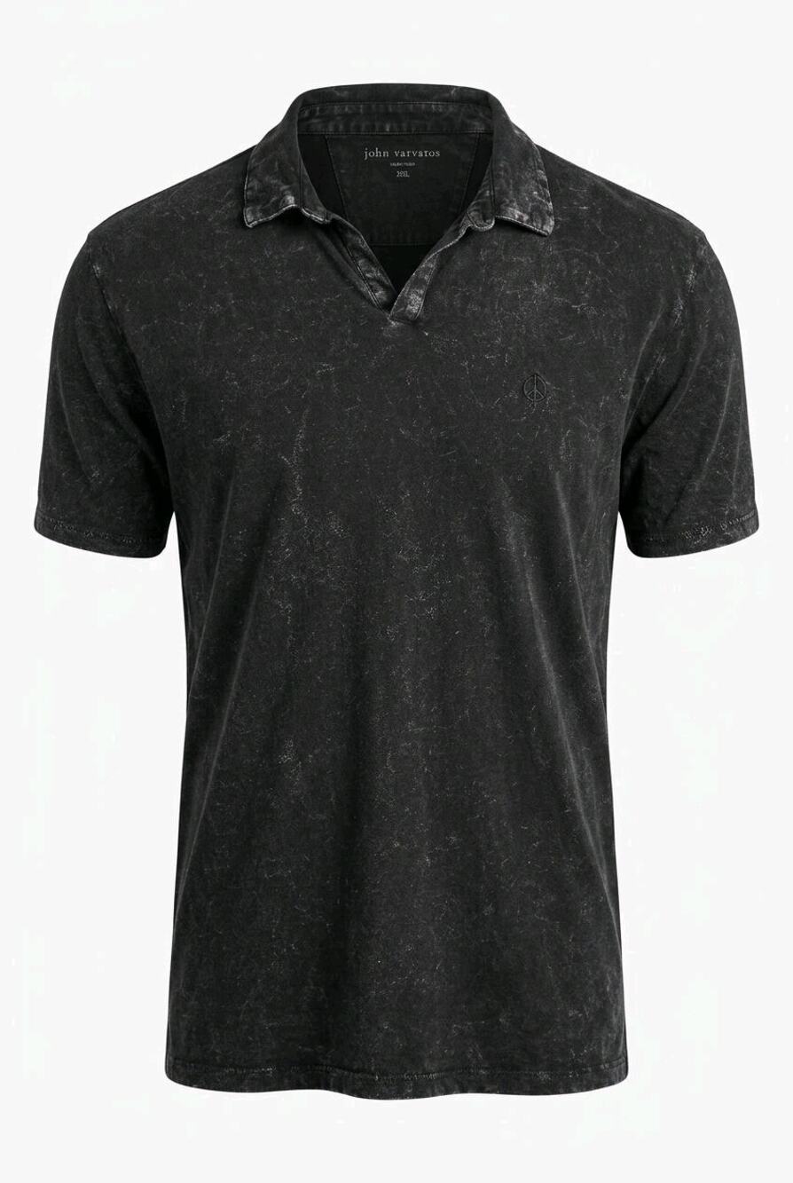 John Varvatos Carsten Polo Shirt XL Black Bodhi Marble Wash Peace Logo